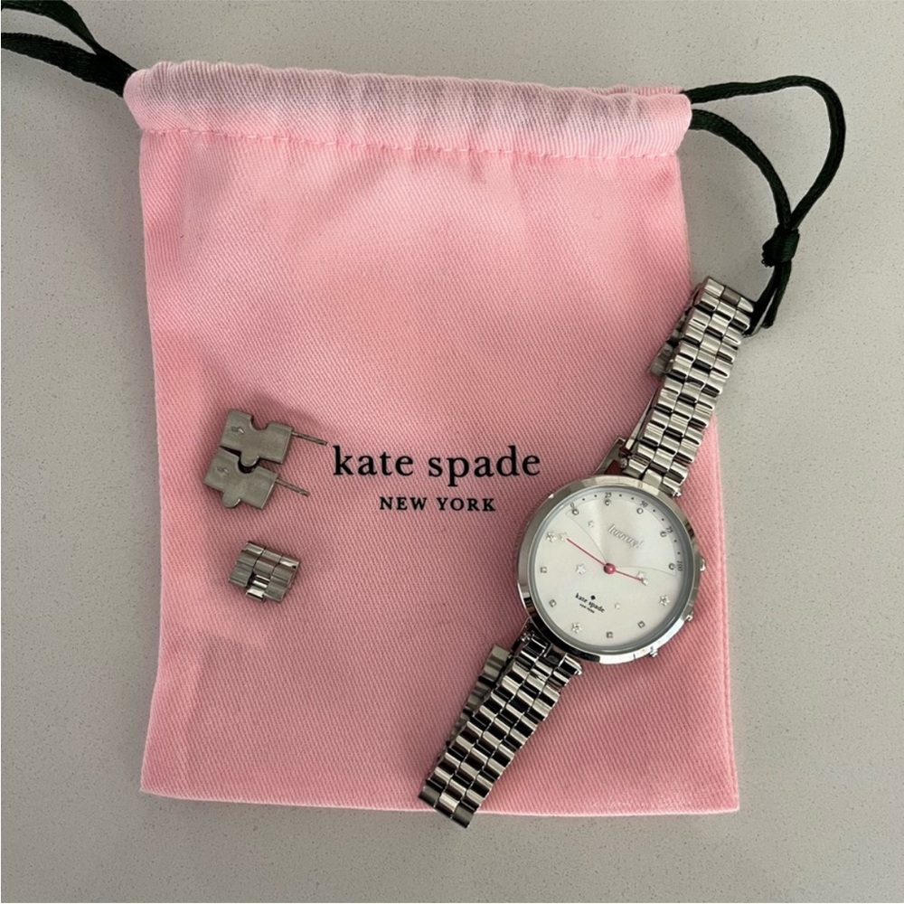 Kate Spade Silver Watch and Earrings with Pink Pouch